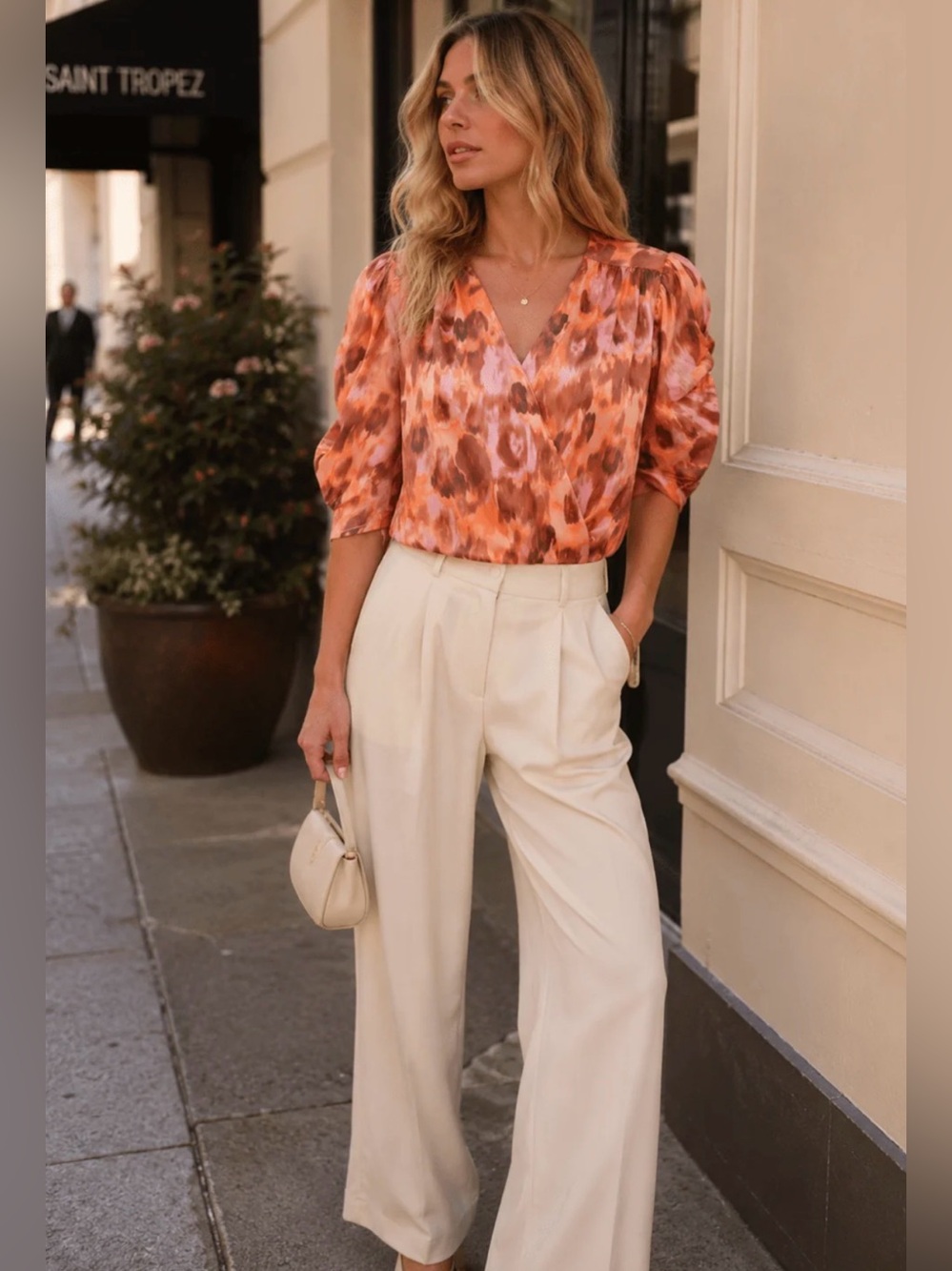 B813. Elegant Chic Vibrant Coral Print V-Neck Bodysuit